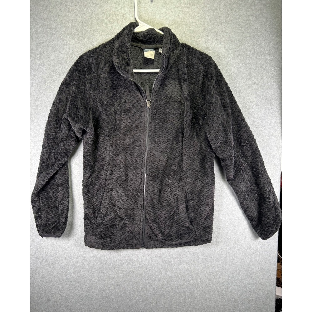 Free2B Women Black Faux Fur Fleece Full Zip Jacket Mock Neck Textured Size M